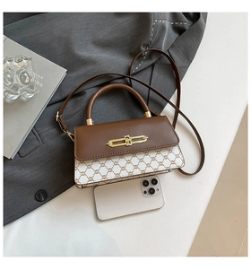 Detail view of vintage crossbody bag with flap and metal buckle next to a smartphone