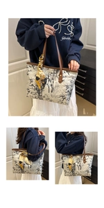 Detail of New Chinese style tote bag with ink bamboo print and decorative silk scarf
