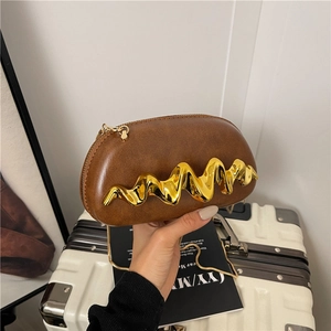 Brown leather wave chain clutch bag with gold hardware for elegant evening or crossbody use