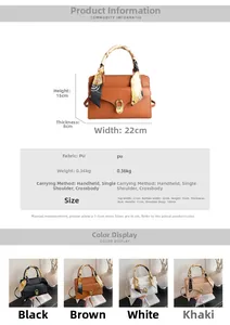 Size chart for the PU leather bag showing dimensions 22x15x8cm and multi-way carry options