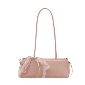 Chic pink PU leather baguette shoulder bag featuring a large silk ribbon and lace bow