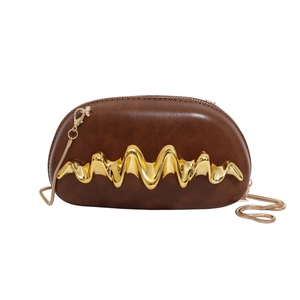 Brown oval leather crossbody clutch bag with gold wave metal buckle and chain strap