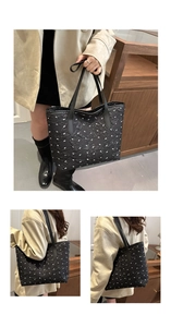 Detail of black tote bag with white bow pattern and embossed 3D texture fabric