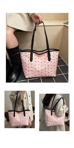 Macro detail of pink tote bag featuring bow patterns and premium textured fabric