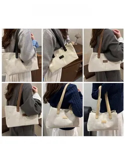 Detailed views of linen tote bag with contrast leather handles and spacious interior