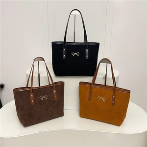 Women Large Capacity Tote Bag Suede Texture Golden Metal Bow Decoration Commuting Shoulder Bag Elegant Retro Handbag