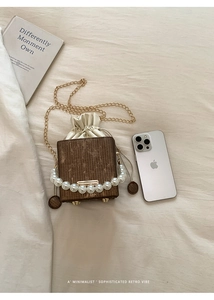 Detail of retro box bag with large pearl handle, gold chain and cream drawstring liner