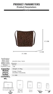 Detailed size chart and specifications for leopard print bucket crossbody bag for women
