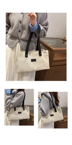 Three-way view of a cream canvas tote bag with black straps on a female model