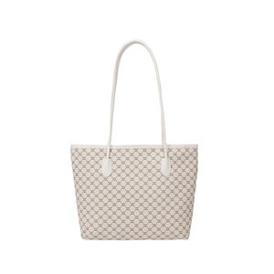 Fashionable large capacity white tote bag with vintage monogram pattern and leather handles