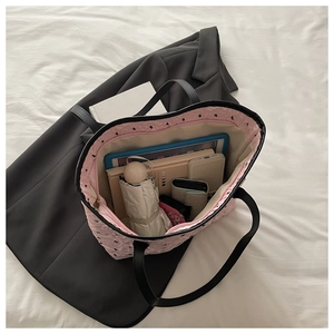Pink rabbit print tote bag interior showing large capacity for laptop and daily essentials