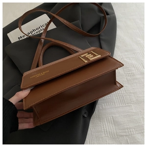 Detail of a brown leather shoulder bag with a gold metal buckle and side accordion structure