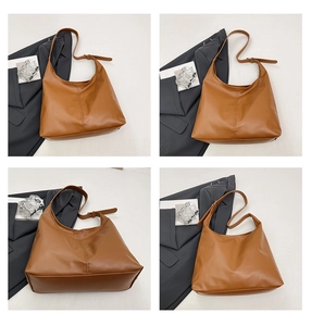 Collage of brown PU leather tote bag details with adjustable strap for daily commute