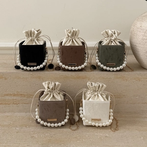 Artificial Pearl Handle Drawstring Bucket Bag Square PU Leather Vertical Texture Gold Chain Strap Retro Crossbody Handbag