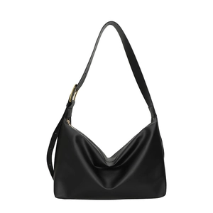 Minimalist black leather hobo bag with adjustable gold buckle and large capacity