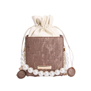 Vintage bronze box handbag with signature large pearl chain and drawstring closure