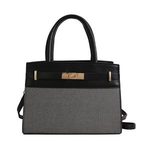 Sac Kelly grande capacité avec contraste de tissu sergé gris et cuir noir élégant
