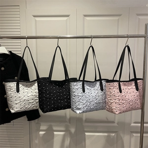 Women Tote Bag PU Leather Large Capacity Bow Print Embossed Texture Sweet Shoulder Bag For Office Daily Casual