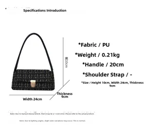 Detail view of black tweed handbag showing PU leather strap and gold metal clasp dimensions