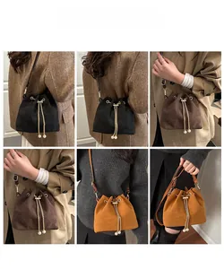 Detail shots of retro matte bucket bags with drawstring and pearl chain for women