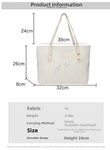 Detailed diagram of white PU tote bag with size specs and wave pattern texture