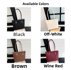 Detailed grid showing leopard print tote bags in black, beige, brown, and burgundy colors
