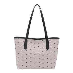 Beige tote bag with black bow print and textured embossing with long shoulder straps