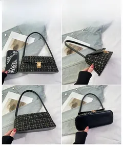 Detail views of black gold tweed handbag with metallic clasp from multiple angles