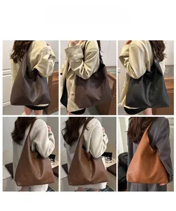 Close-up of woven leather tote bag showing high-capacity design and various color options