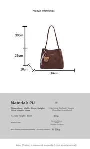 Detailed size chart for brown faux leather tote bag with dimensions and specifications