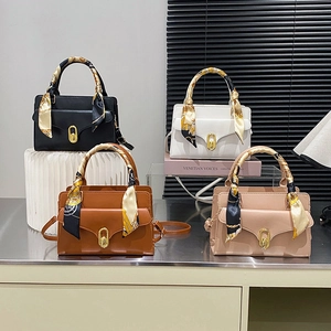 Retro square handbags with silk scarf handles and gold locks in four assorted colors