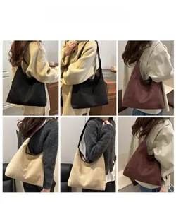 Collage of model showcasing large suede shoulder bag in black, brown and beige