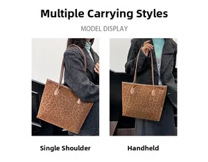 Detailed model display showing leopard print tote bag used as shoulder and handbag