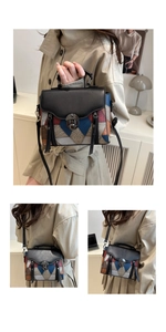 Detail view of geometric patchwork pattern and silver twist lock on the leather handbag