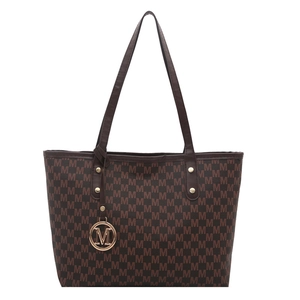 Large capacity tote bag with brown monogram print and golden M charm for daily commute
