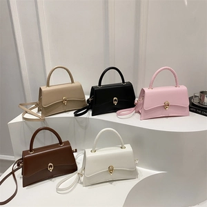 Damen Umhängetasche Aus PU Leder Retro Minimalistische Strukturierte Trapezform Mit Oberem Griff Und Goldenem Drehverschluss
