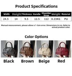 Size chart and dimensions for the PU leather bowling bag in black, brown, beige, and red