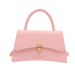 Pink faux leather trapezoid handbag with gold metal lock and top handle for women