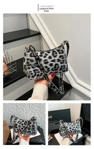 Detailed views of grey leopard print crossbody bag with chunky black acrylic chain strap