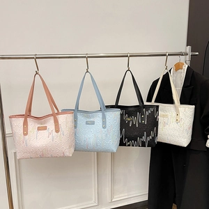 Large Capacity Tote Bag PU Leather Colorful Wave Embroidery Fashion Daily Commute Shoulder Bag For Women