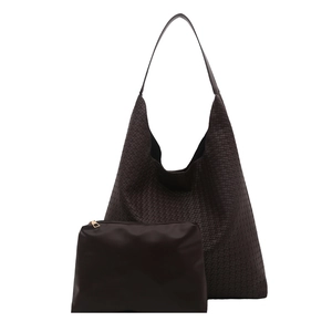 Brown woven leather hobo tote bag set with matching inner pouch for women