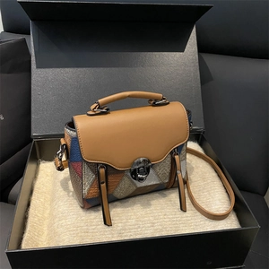 Retro multi-texture patchwork crossbody bag in a black gift box with a leather strap