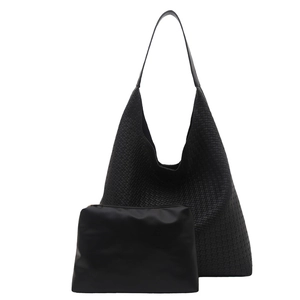 Classic black woven tote bag with matching inner pouch for daily office commute