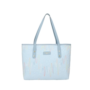 Minimalist light blue tote bag with colorful wavy embroidery and long shoulder straps