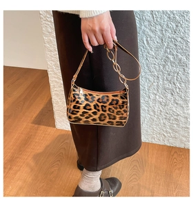 Detail of leopard print handbag with golden chain strap on model's hand