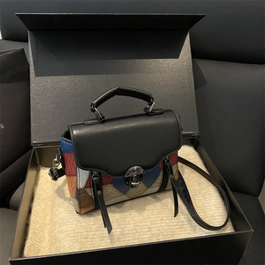 Retro multi-colored patchwork leather crossbody bag with tassel and metal lock