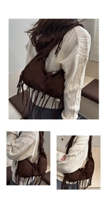 Détail d'un sac bandoulière en daim marron foncé avec franges au style bohème vintage