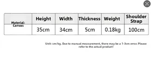 Size guide for canvas tote bag showing dimensions 35x34x5cm and 100cm strap detail