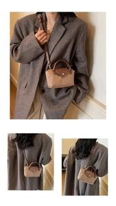 Contrast color patchwork nylon crossbody bag showing adjustable strap and mini style details