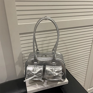 Retro silver metallic shoulder bag with double bow pockets and long top handles